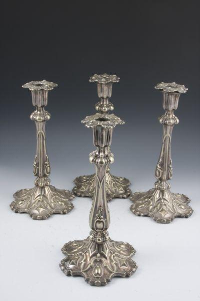 Appraisal: Set of Four Sheffield Rococo Candlesticks early th c matching