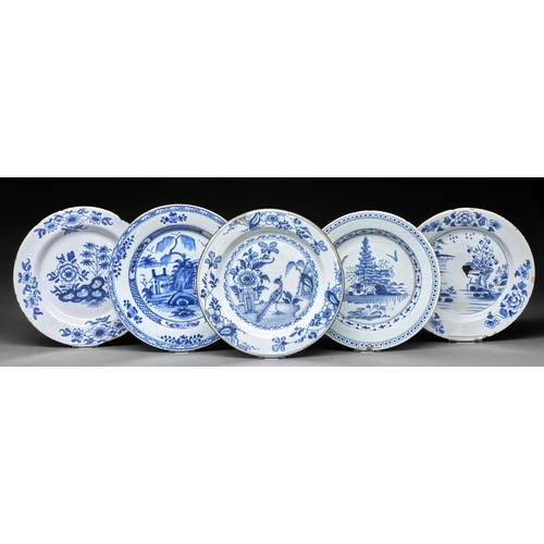 Appraisal: Five English Delftware plates Lambeth c variously painted with a