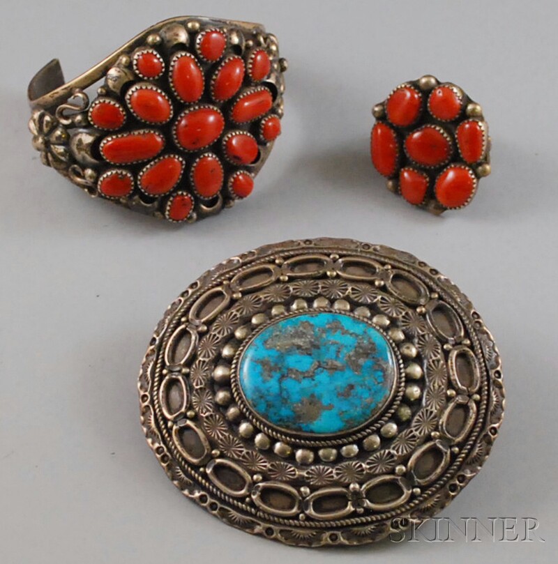 Appraisal: Three Silver and Hardstone Southwest-style Jewelry Items a turquoise buckle