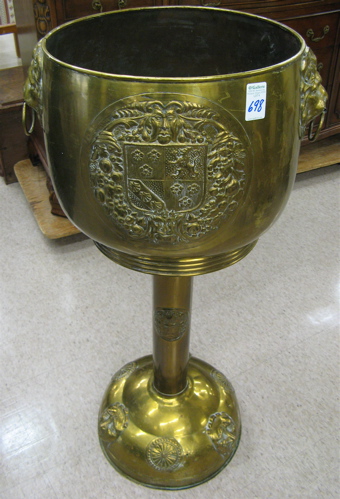 Appraisal: BRASS JARDINIERE ON FLOOR PEDESTAL English early th century The