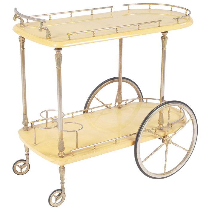 Appraisal: Aldo Tura rolling bar cart Italy two wood shelves with