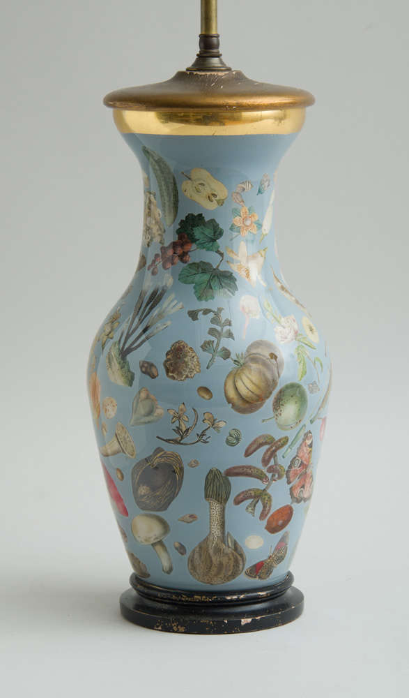 Appraisal: INTERIOR DECOUPAGE-DECORATED TABLE LAMP Of baluster form decorated with fruits