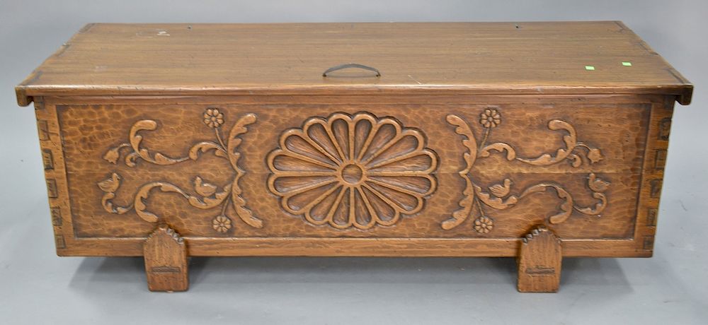 Appraisal: Cedar lined lift top chest with carved front ht in