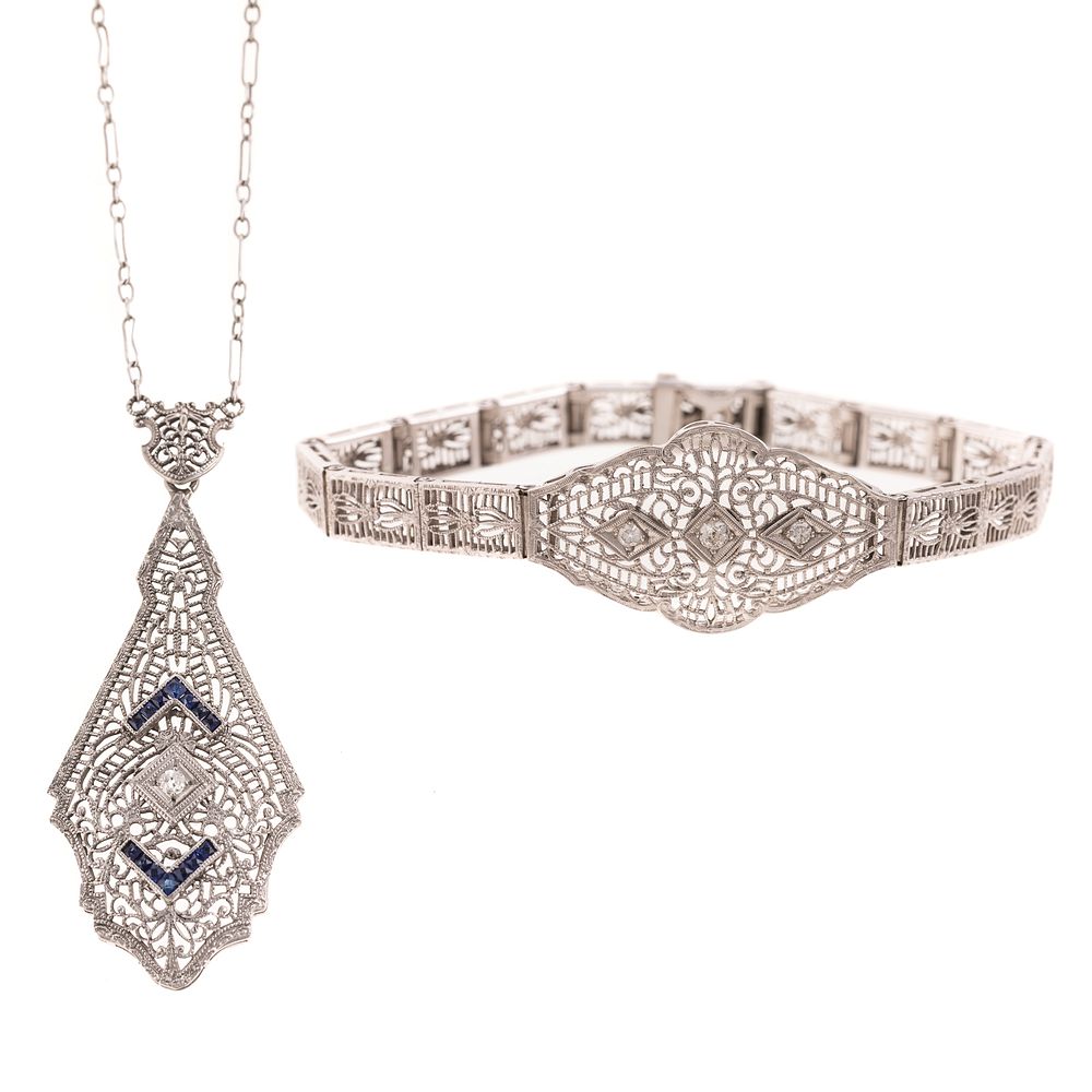 Appraisal: An Art Deco Filigree Diamond Necklace Bracelet K white gold