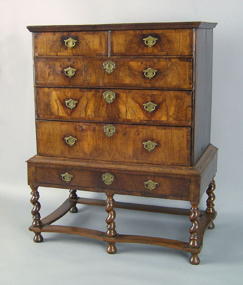 Appraisal: William Mary burl veneer chest on frame early th c