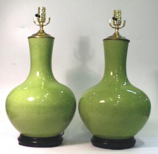 Appraisal: Pair of Chinese Crackle Glaze Ball Vases The large green