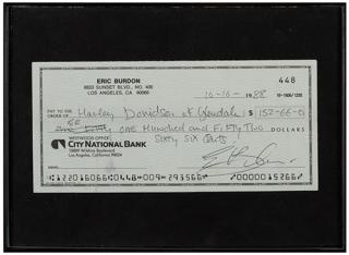 Appraisal: The Animals Eric Burdon Signed Check October Payable to Harley-Davidson