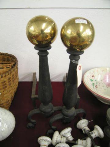 Appraisal: Cast Iron Andirons brass cannon ball finials