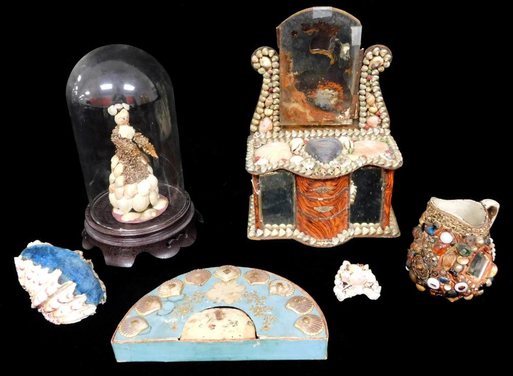 Appraisal: Shell work sailor art five pieces th C includin female