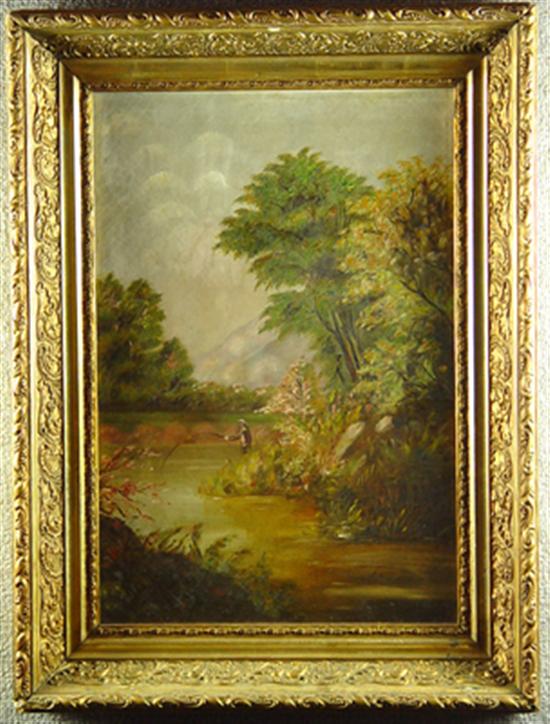 Appraisal: Landscape with Fisherman on Lakeshore th Century Oil on canvas