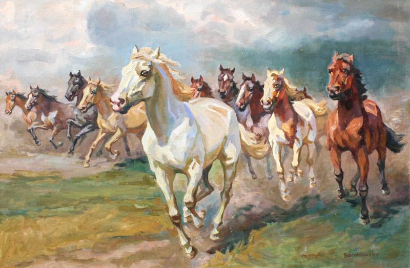 Appraisal: BENYOVSKY European th C Wild Horses OIL Canvas '' x