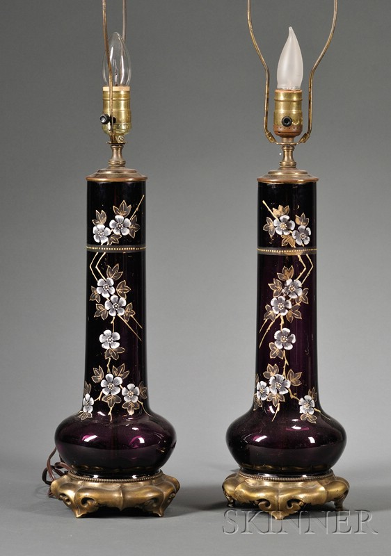 Appraisal: Pair of French Enamel Decorated Amethyst Glass Lamp Bases early