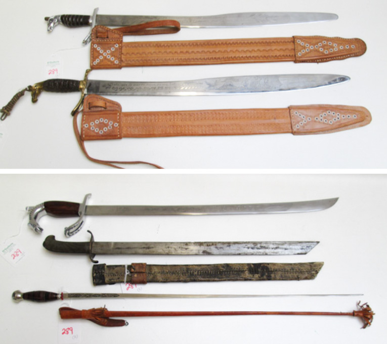 Appraisal: FOUR SWORDS AND A RIDING CROP the first a short