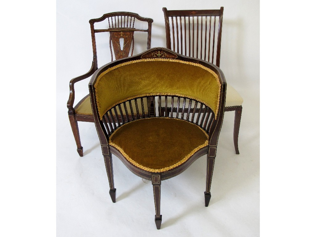 Appraisal: An Edwardian rosewood inlaid corner chair upholstered in gold velour