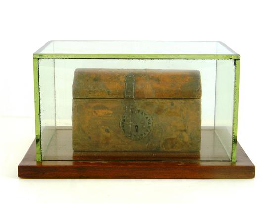 Appraisal: Early Spanish coffer under rectangular glass display case veneer decorated