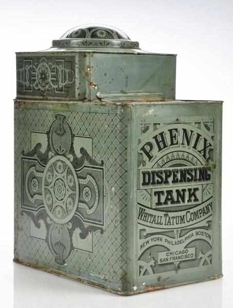 Appraisal: Phenix Dispensing Tank Description Great unusual shaped pre- dispensing tin