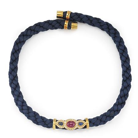 Appraisal: Gold Cabochon Ruby Sapphire Diamond and Woven Silk Cord Necklace