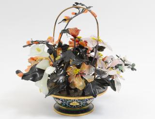 Appraisal: CLOISONNE ENAMEL BASKET Chinese Filled with a hardstone bouquet of