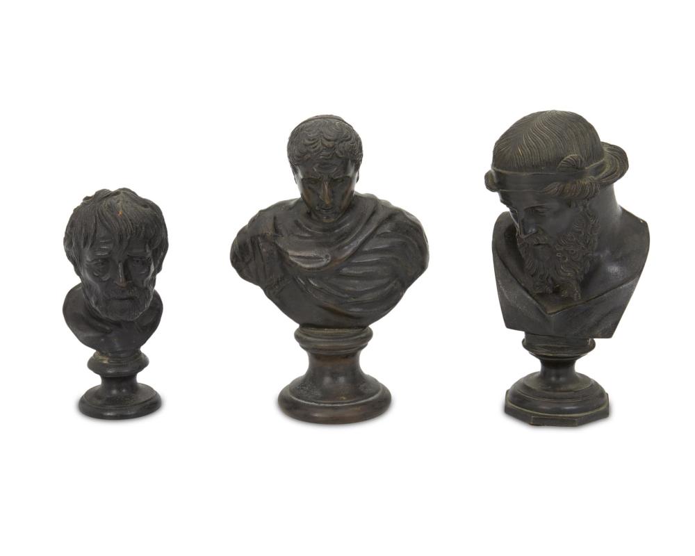 Appraisal: Three diminutive patinated bronze busts Late th early th Century