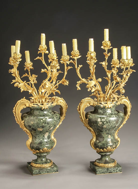 Appraisal: Pair of Louis XV Style Ormolu Mounted Mottled Green Marble