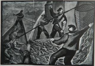 Appraisal: Bernard Brussel-Smith American - - ''Mackerel Seining''- wood engraving signed