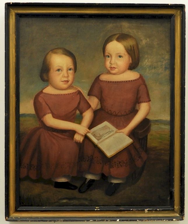 Appraisal: FINE C Folk Art Twin Sisters Portrait Painting United States