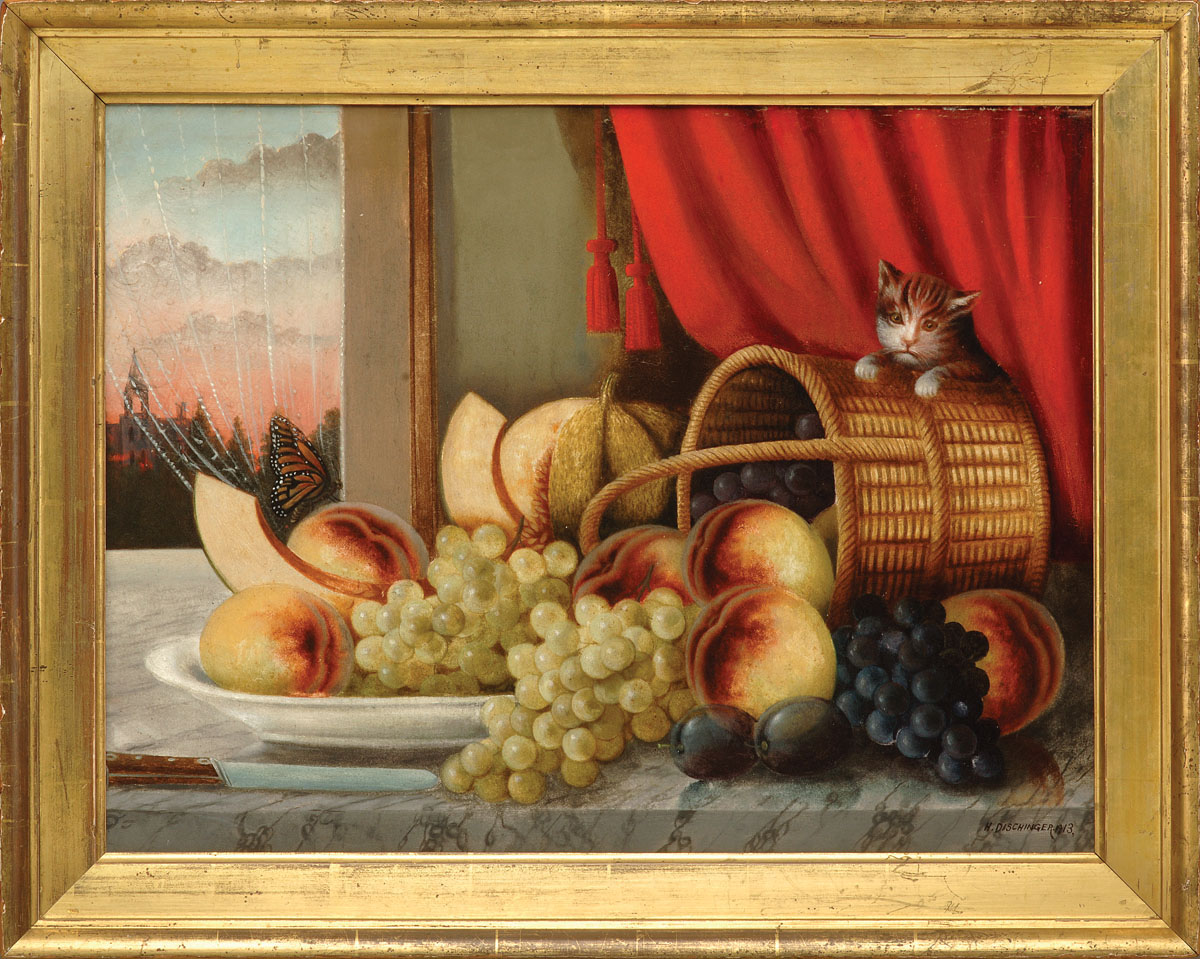 Appraisal: PRIMITIVE STILL-LIFE OF A CAT WITH BASKET OF FRUIT ON