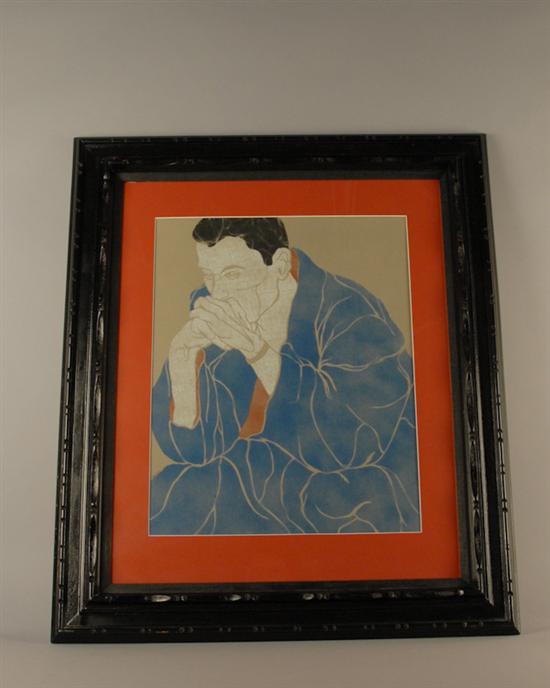 Appraisal: Margaret Berry Silkscreen of Contemplative Man c s Framed H