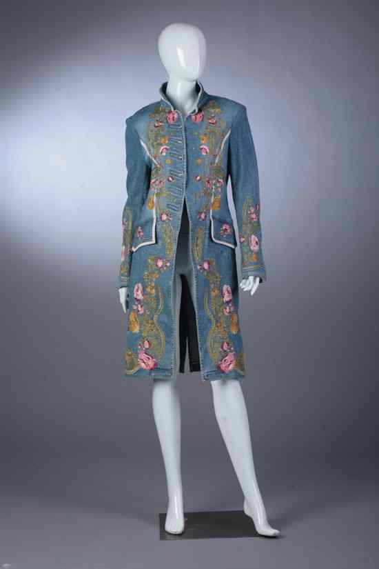 Appraisal: ROBERTO CAVALLI EMBROIDERED DENIM COAT Size large Embroidered throughout with