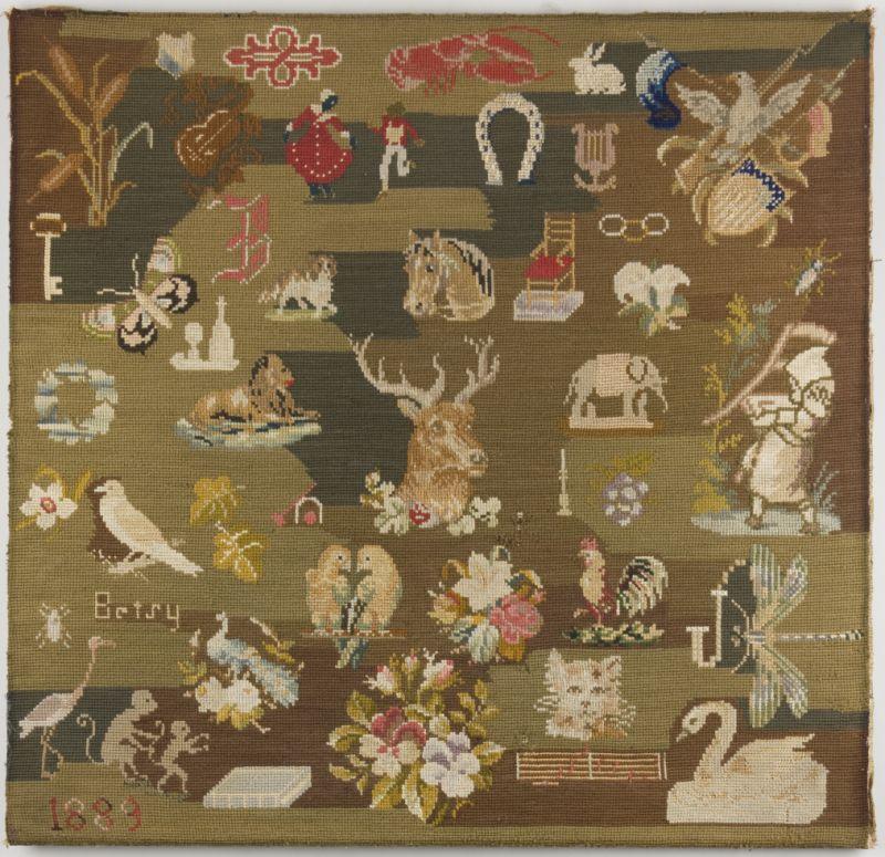 Appraisal: Victorian Needlework Sampler dated signed Betsy wool on linen depicting