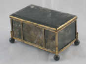 Appraisal: A gilt metal mounted moss agate casket on ball feet