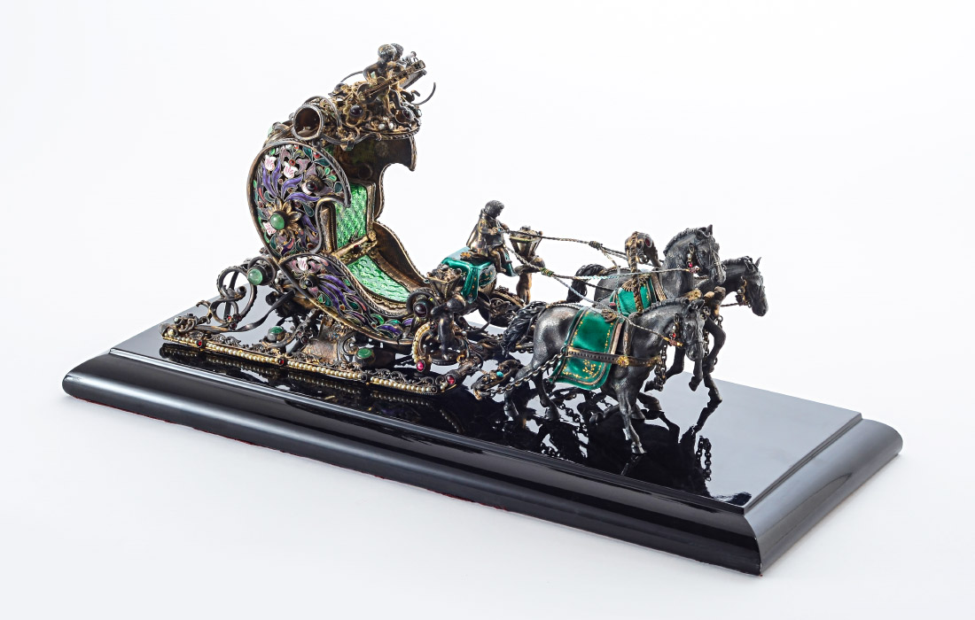 Appraisal: CONTINENTAL SILVER ENAMEL AND JEWELED TROIKA SLEIGH Circa late th