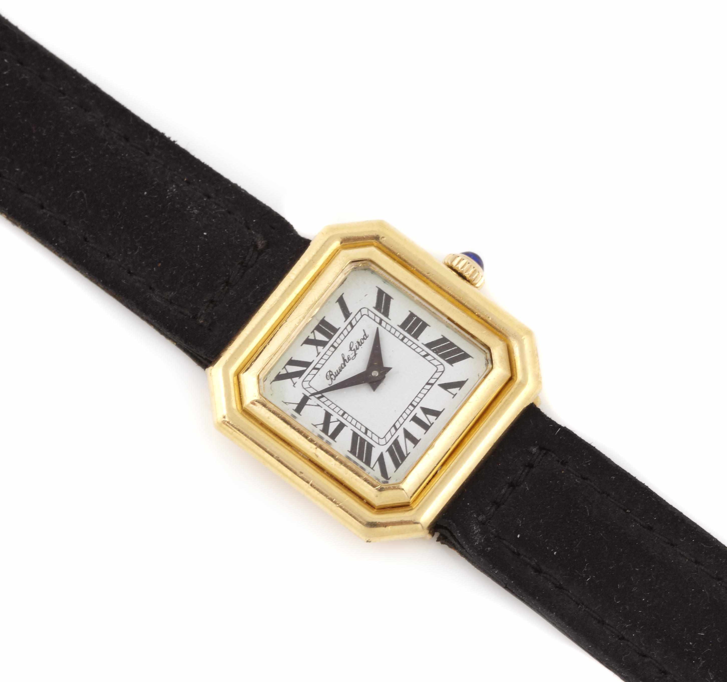 Appraisal: An karat gold strap wristwatch Bueche Girod Swiss jewel movement