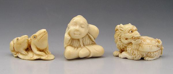 Appraisal: PIECE FIGURAL CARVED IVORY NETSUKES To include Dragon signed ''