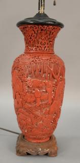 Appraisal: Chinese cinnabar vase with landscape design made into a table