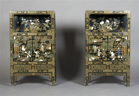 Appraisal: A Pair of Chinese Hardstone and Mother-of-Pearl Inset Cabinets Height