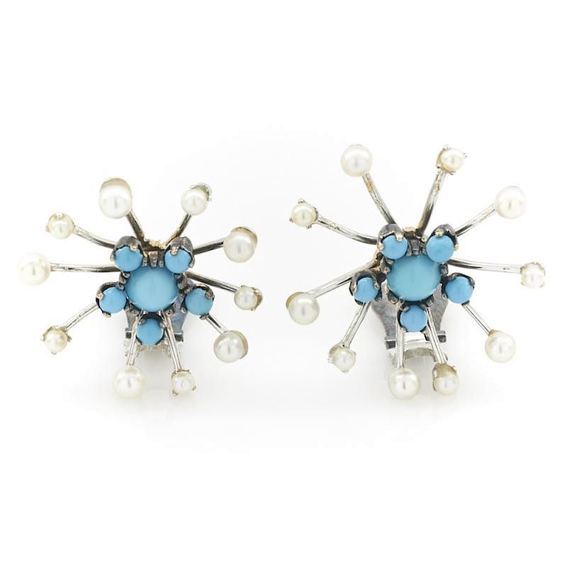 Appraisal: k White gold turquoise and pearl sputnik earrings k White