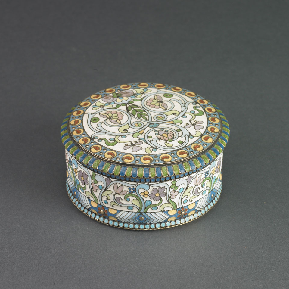 Appraisal: Russian Silver-Gilt and Cloisonn Enamel Circular Box Pavel Ovchinikov Moscow