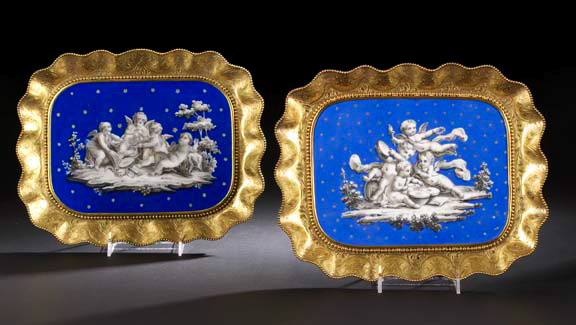 Appraisal: Pair of Paris Porcelain Beau Bleu-Ground Oblong Plaques each centered