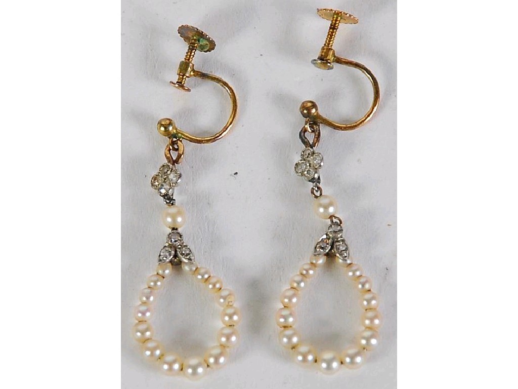 Appraisal: PAIR OF ct GOLD DIAMOND AND SEED PEARL DROP EARRINGS