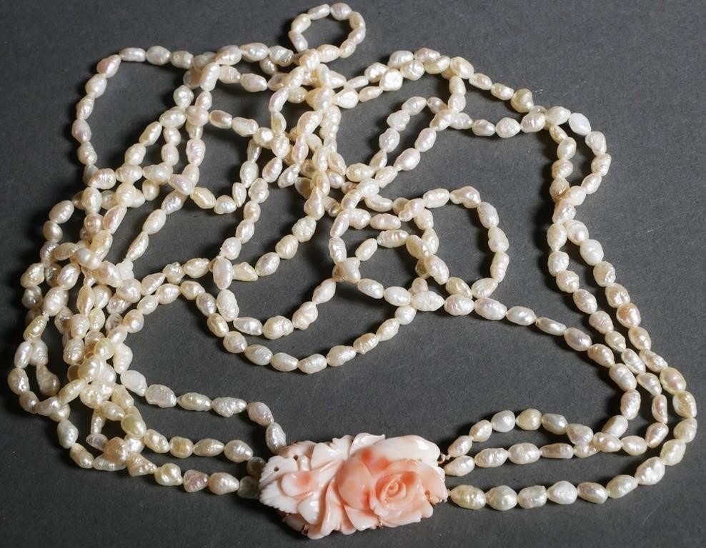 Appraisal: FRESHWATER PEARL CORAL NECKLACETriple strand freshwater pearl necklace with carved