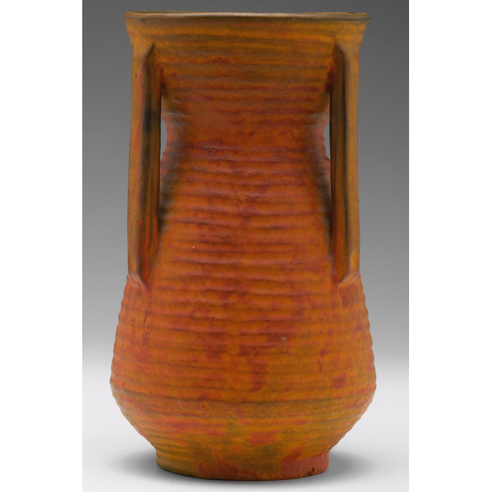 Appraisal: Weller Ansonia vase three-handled ribbed shape covered in a brown