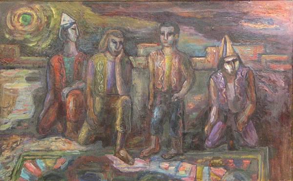 Appraisal: Unknown Artist Four figures unsigned oil on canvas x in