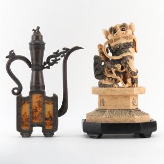 Appraisal: Chinese Faux Ivory Foo Lion on Wood Base together with