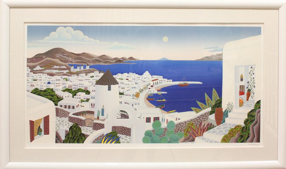 Appraisal: THOMAS McKNIGHT Connecticut born serigraph Mediterranean landscape with city and