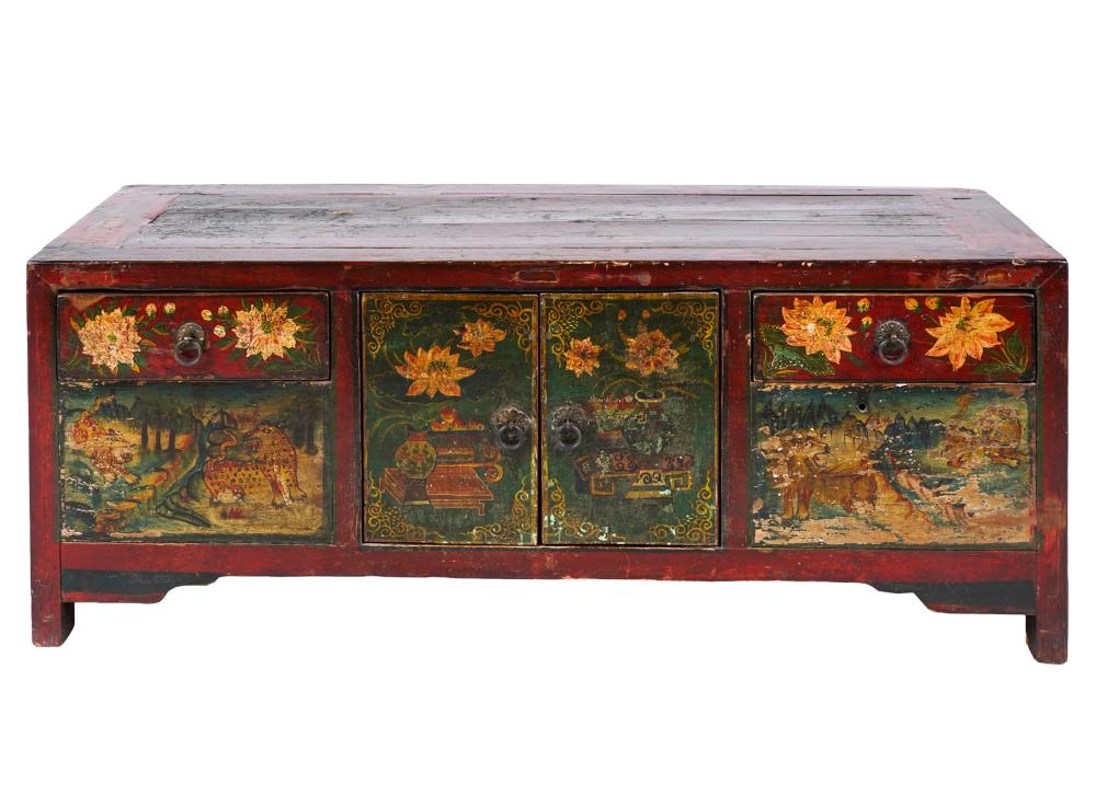 Appraisal: ASIAN PAINTED WOOD LOW CABINEThaving a pair of doors flanked