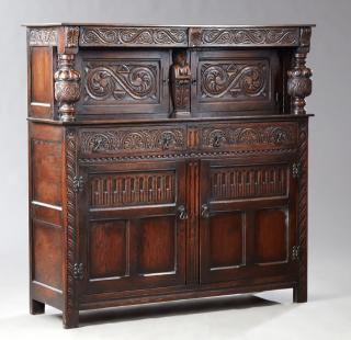 Appraisal: Jacobean Style Carved Oak Court Cupboard early Jacobean Style Carved