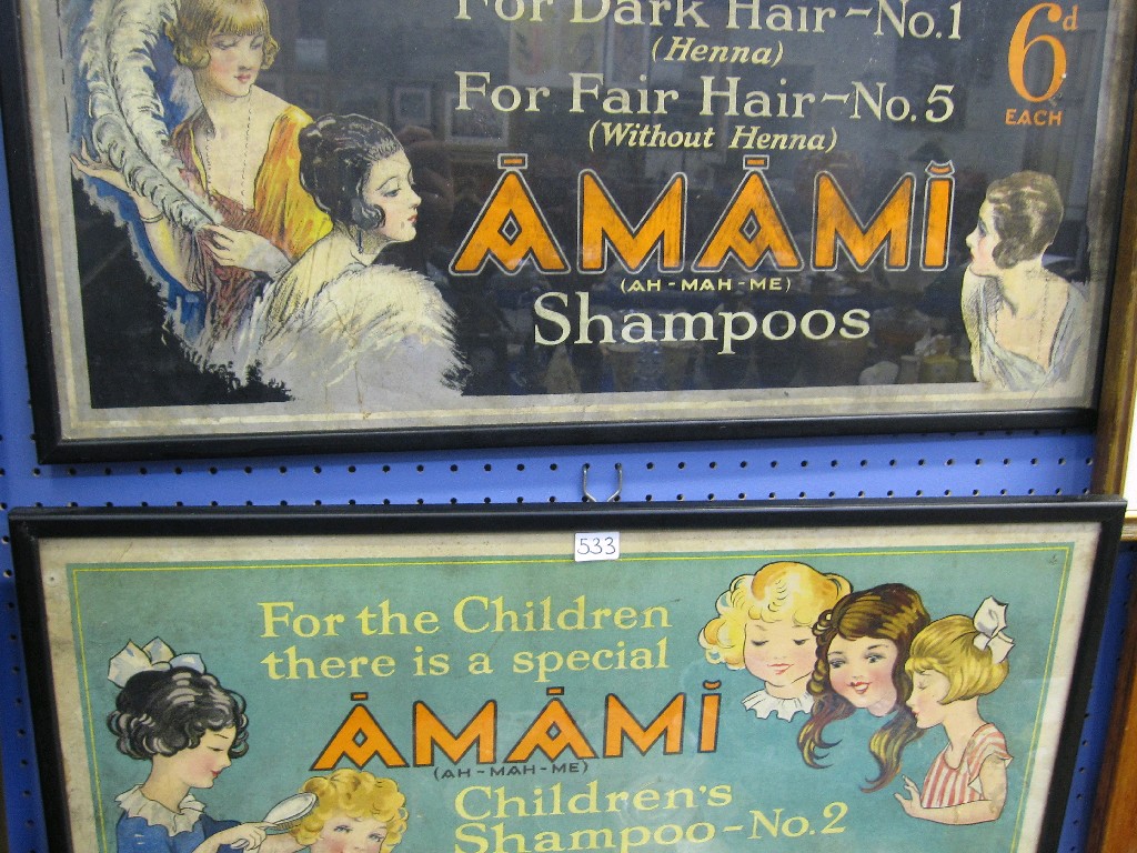 Appraisal: Two framed advert prints for Amami shampoo