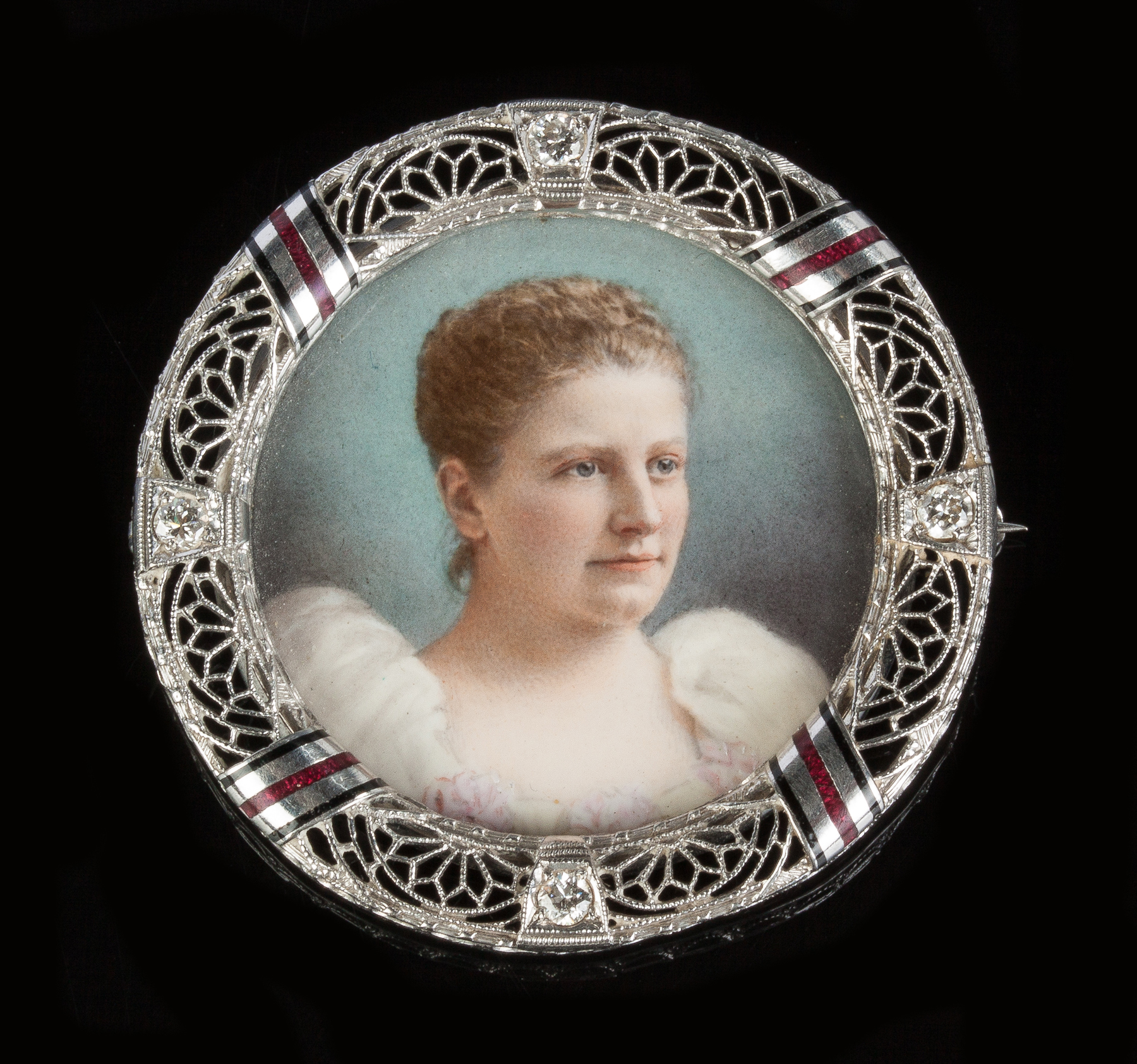 Appraisal: K Gold Diamond Enameled Brooch with Miniature Portrait Signed on