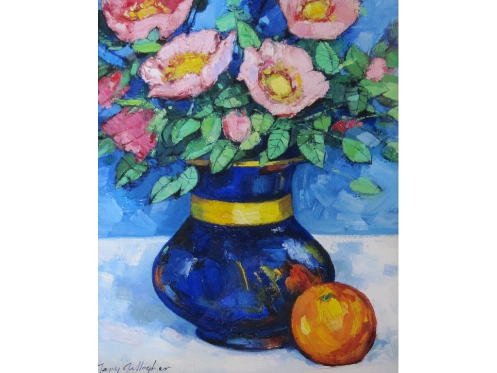 Appraisal: MARY GALLAGHER b Acrylic 'Roses in a blue and gold